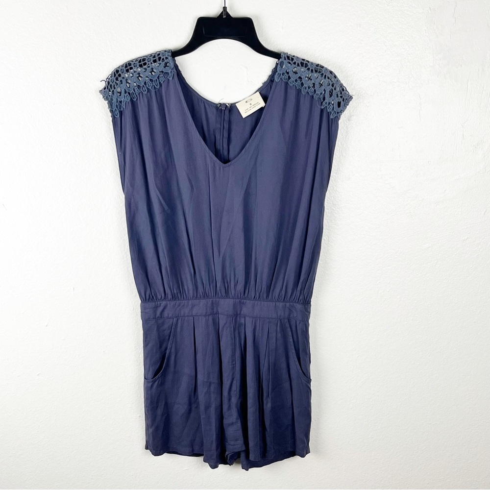ANTHROPOLOGIE Pins & Needles V-Neck Lace Shoulder Side Pockets Romper, Size 0